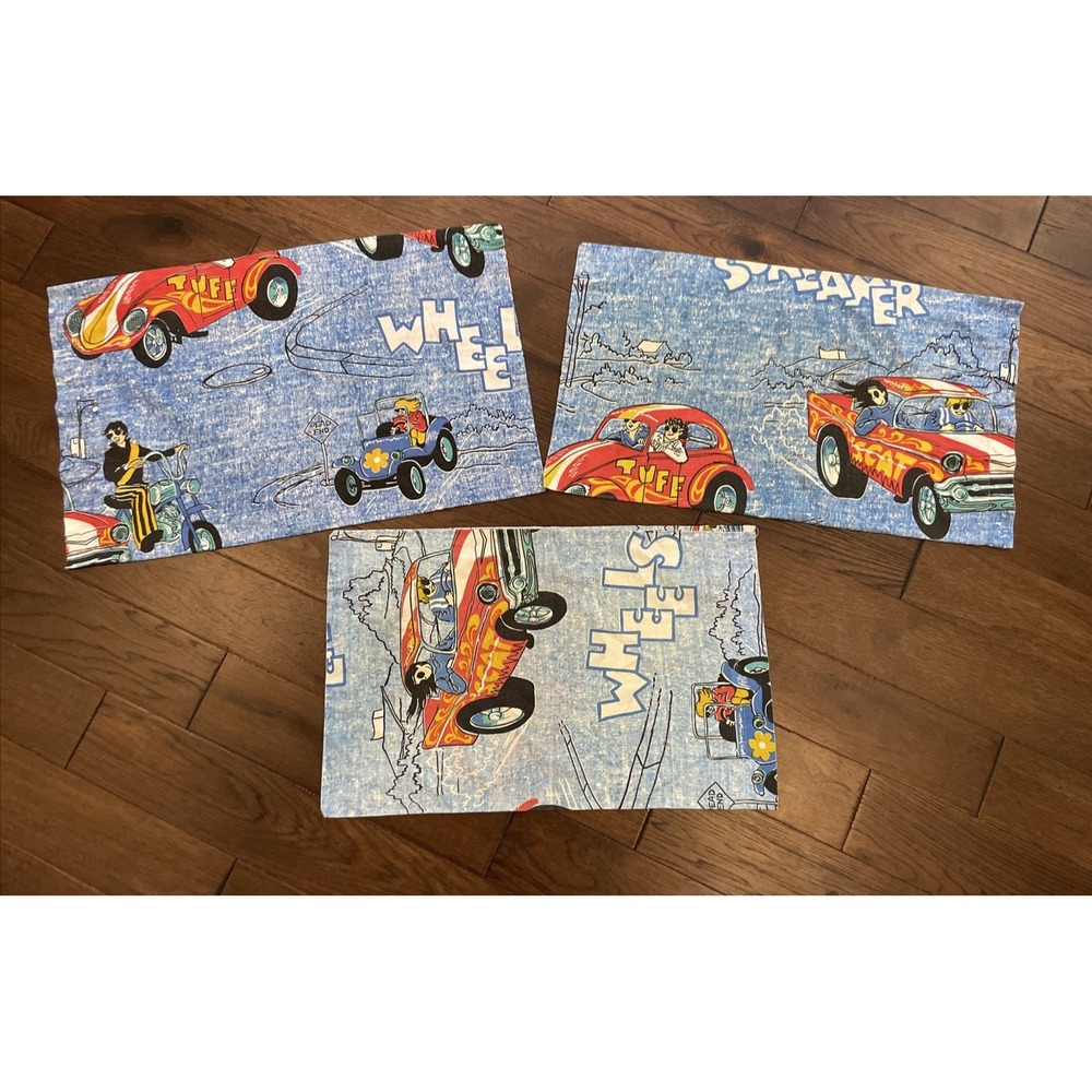 Vintage Sears Screamer Hot Rod Pillow Cases 1970s Muscle Car Blue 3pc Lot